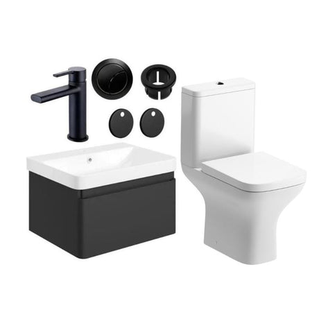 Aquarius Bathrooms Suites Matt Black / Matt Black Aquarius Sophie 605mm Wall Hung Vanity Unit, Close Coupled Toilet, Tap and Fittings Bundle