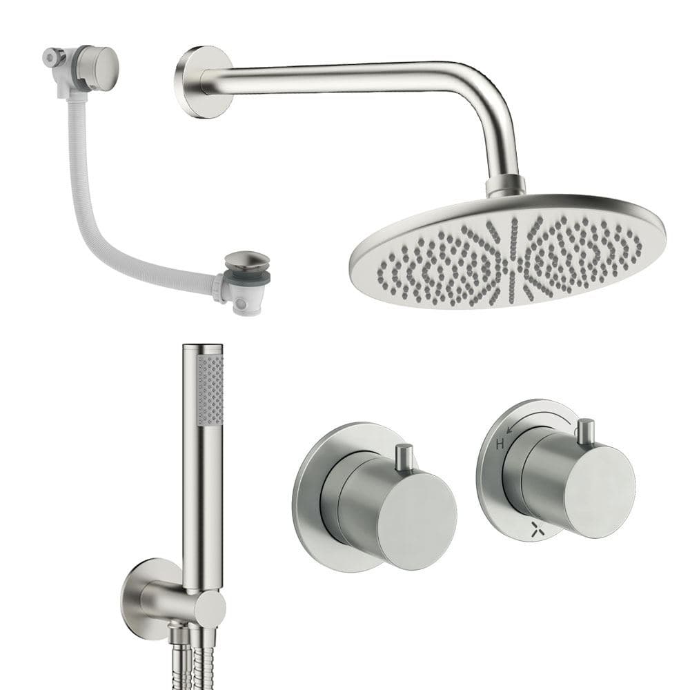 UK Bathroom Store Concealed Shower Set Brushed Nickel / Wall Arm / 300mm Crosswater Module Shower Set 6 - 3 Outlet with Overhead Shower, Handset and Overflow Bath Filler