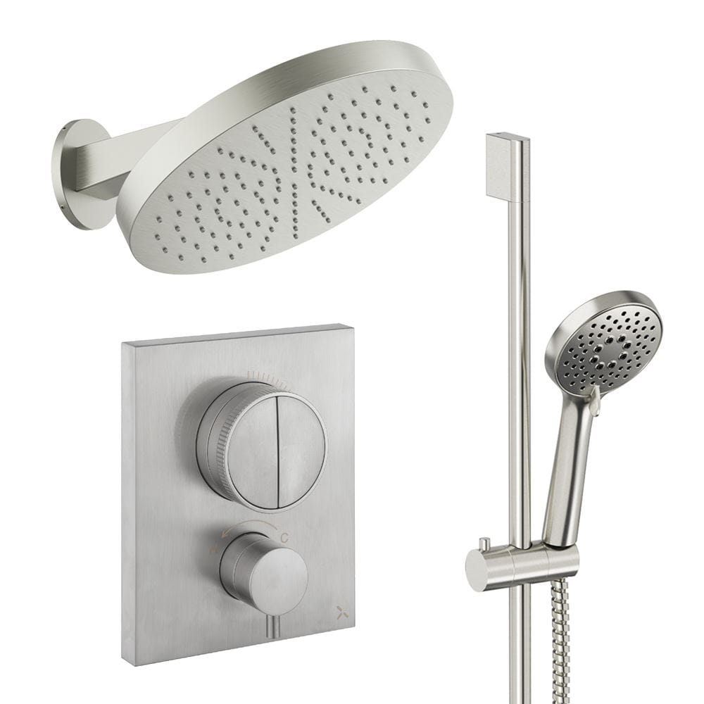UK Bathroom Store Concealed Shower Set Brushed Nickel Crosswater Crossbox Push Shower Set 5 - 2 Outlet with Revive Steel Overhead Shower and Slide Rail Kit