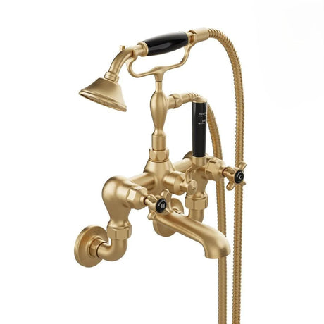 Vado Bath Shower Mixer Brushed Brass/Black Booth & Co. Axbridge Crosshead Wall Mounted Bath Shower Mixer with Traditional Shower Handset