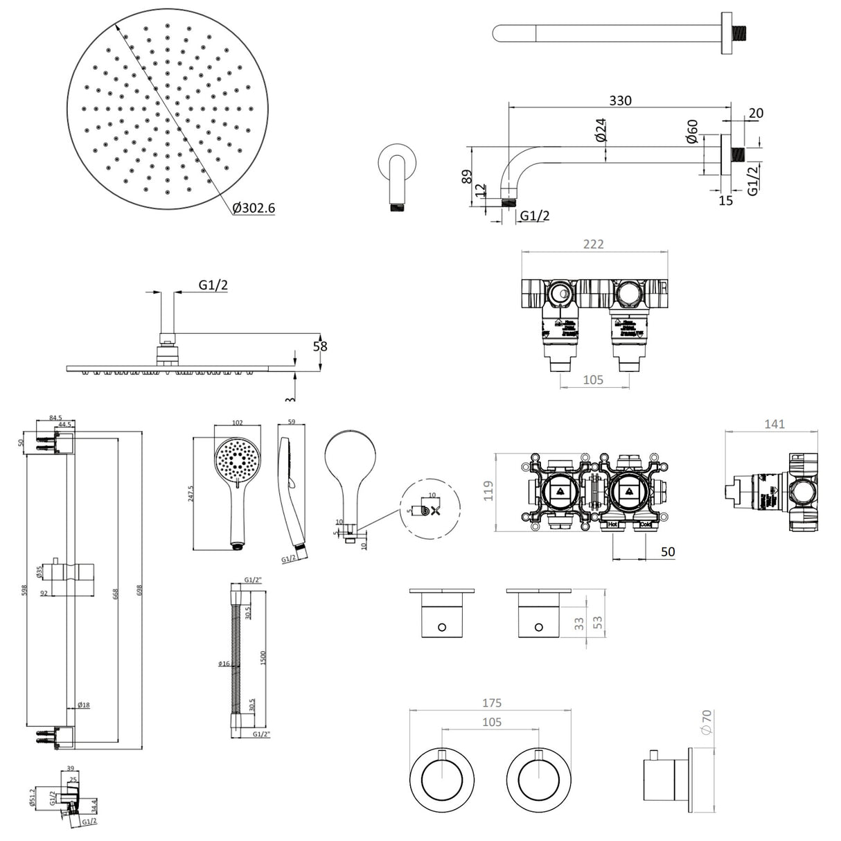 UK Bathroom Store Concealed Shower Set Crosswater Module Shower Set 2 with Riser Rail Kit and Overhead Shower