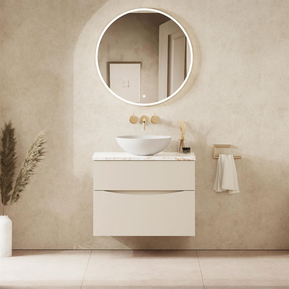 Crosswater Wall Mounted Vanity Unit 700mm / Warm Stone / Gold Vein Estatuario Crosswater Glide II Wall Mounted Two Drawer Vanity Unit with Worktop