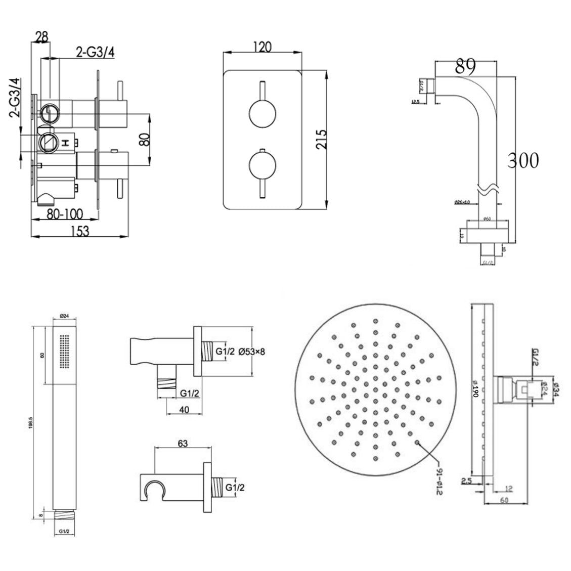 JTP Concealed Shower Set JTP Florence 2 Outlet 2 Handle Thermostatic Shower Valve Kit with Overhead and Handset
