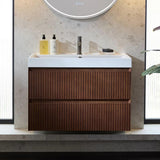 Vado Wall Mounted Vanity Unit Classic Walnut / 800mm Vado Groove Fluted Wall Mounted Two Drawer Vanity Unit with Basin