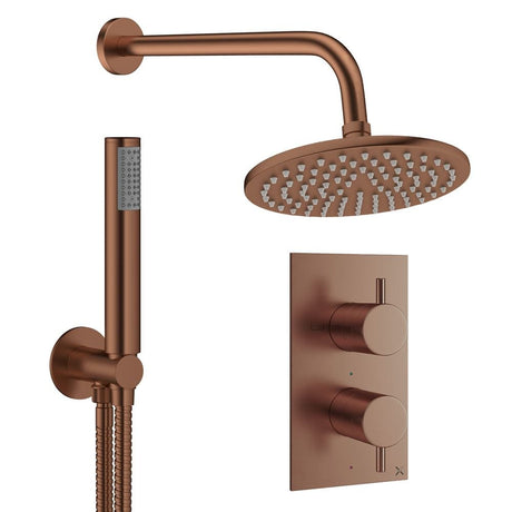 Crosswater Concealed Shower Set Brushed Bronze / Wall Arm / 200mm Crosswater Design 2 Handle 2 Outlet Thermostatic Shower Set with Rainfall Head and Pencil Handset