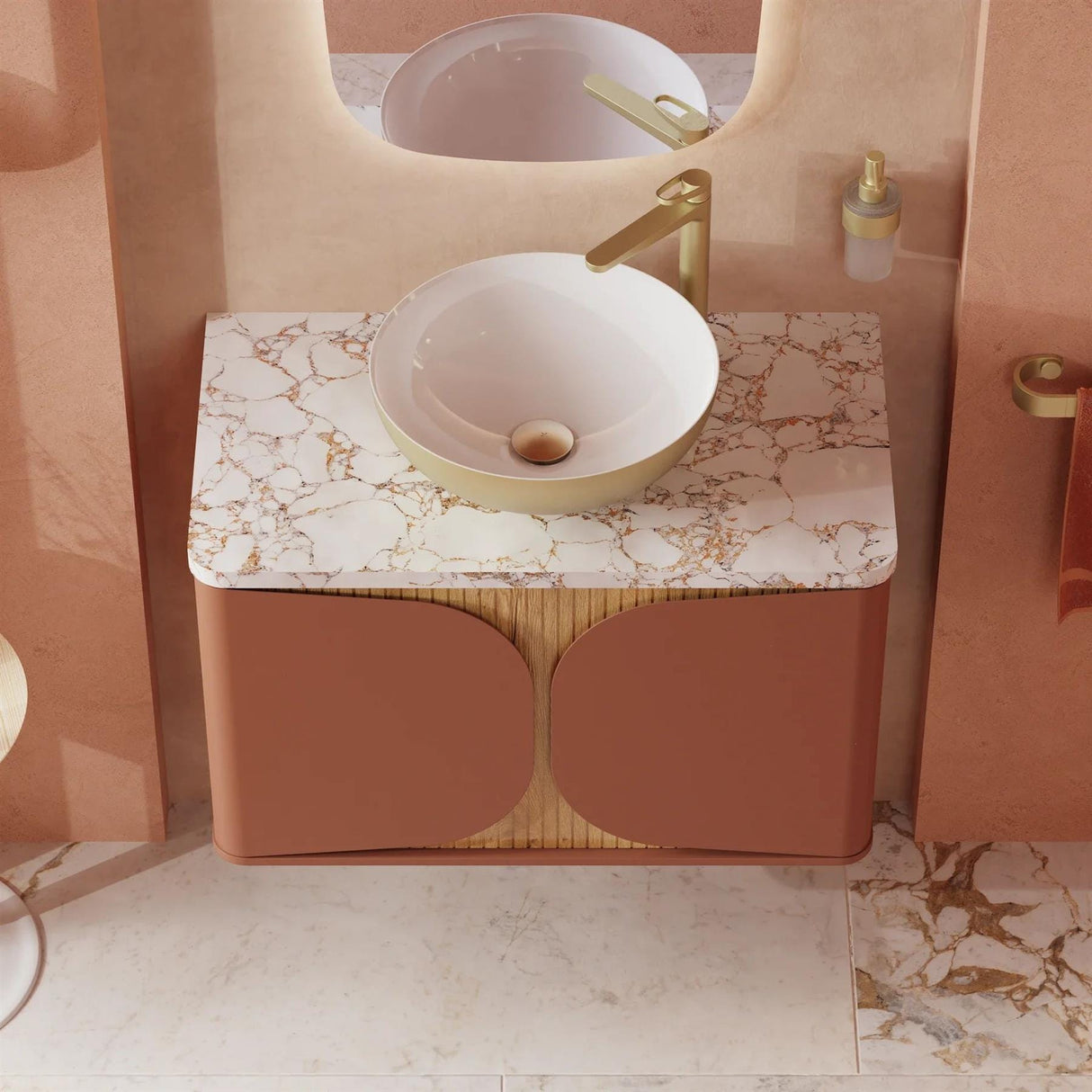 Crosswater Wall Mounted Vanity Unit Soft Clay / Crosswater Tambour Worktop - Gold Vein Estatuario Crosswater Tambour 800mm Wall Mounted One Drawer Vanity Unit with Basin or Worktop