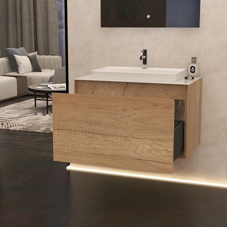 Imex Wall Mounted Vanity Unit Natural Oak / White Marble / White Imex Arco Wall Hung 800mm Single Drawer Vanity Unit with Worktop and Inset Basin