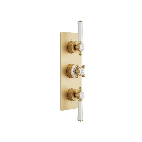 Vado Concealed Shower Valve Brushed Brass/Crackled White Booths & Co. Axbridge 2 Outlet, 3 Handle Concealed Thermostatic Shower Valve
