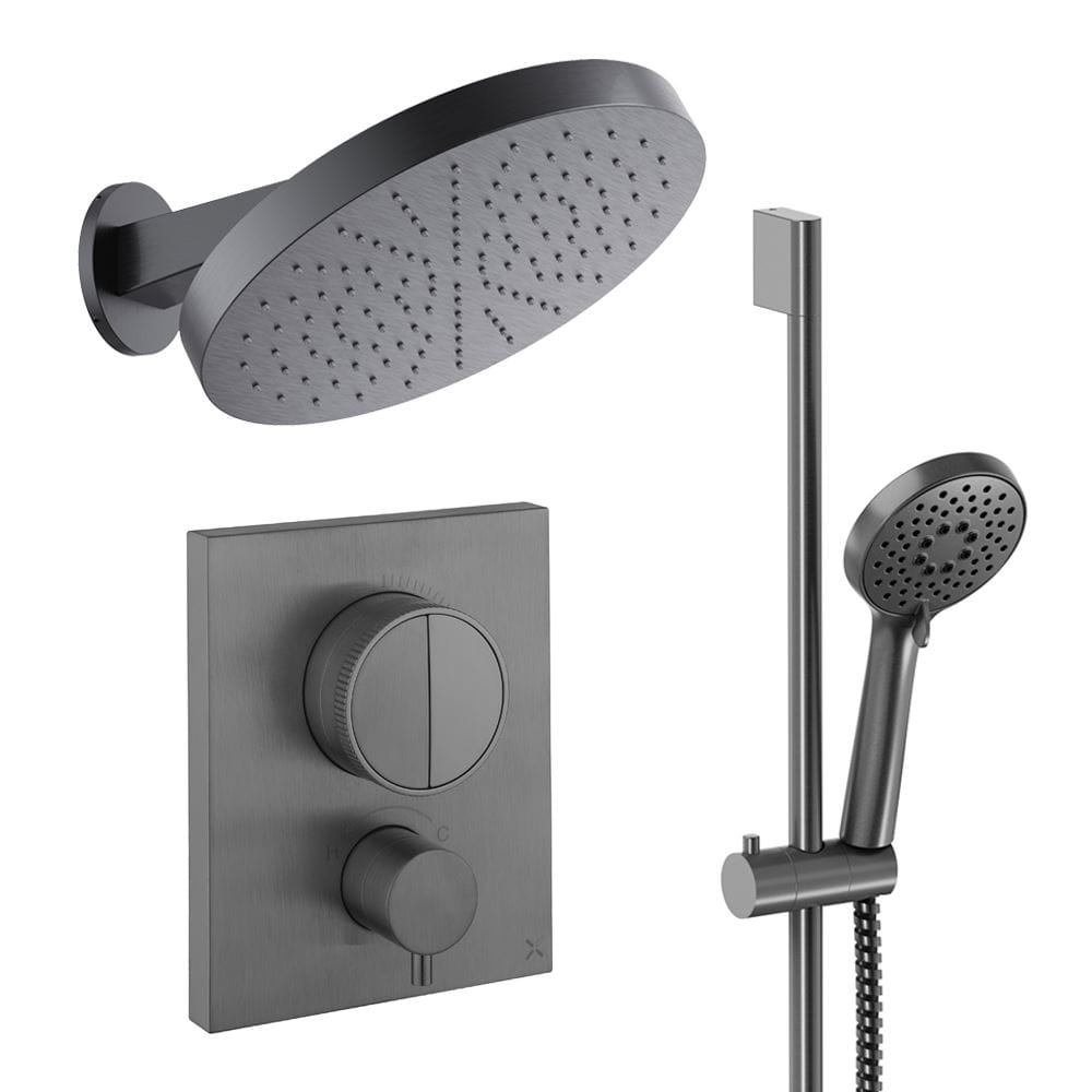 UK Bathroom Store Concealed Shower Set Slate Crosswater Crossbox Push Shower Set 5 - 2 Outlet with Revive Steel Overhead Shower and Slide Rail Kit