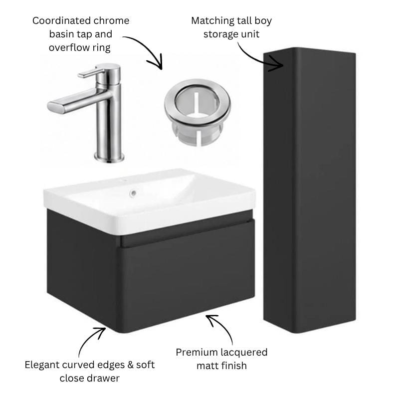 Aquarius Bathrooms Wall Mounted Vanity Unit Aquarius Sophie 605mm Wall Hung Vanity Unit, Tall Boy Storage Unit, Tap and Fittings Bundle
