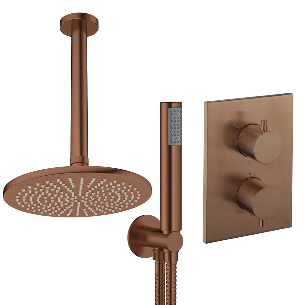 UK Bathroom Store Concealed Shower Set Brushed Bronze / Ceiling Arm / 300mm Crosswater Crossbox Shower Set 3 - 2 Outlet with Pencil Handset and Fixed Overhead Shower