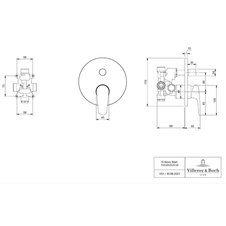 Villeroy & Boch Concealed Shower Valve Villeroy & Boch O.novo Start 2 Outlet Single Lever Trim-set in Chrome