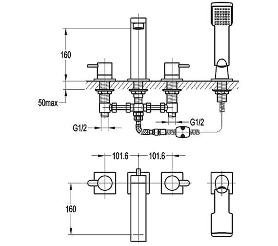 Flova 4 Tap Hole Bath Set Flova Essence 4 Hole Bath and Shower Mixer with Shower Set in Diamond Chrome