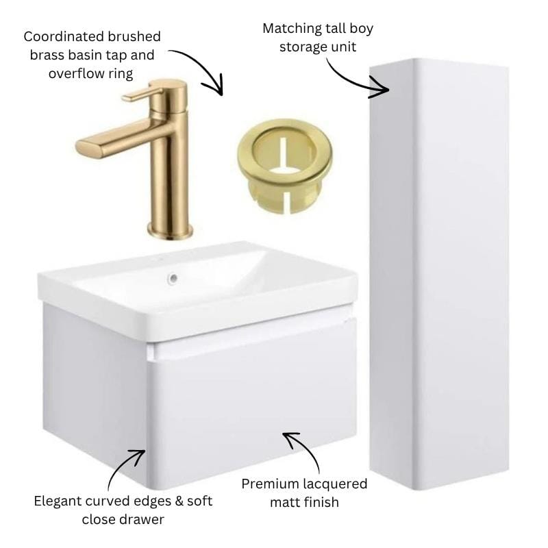 Aquarius Bathrooms Wall Mounted Vanity Unit Aquarius Sophie 605mm Wall Hung Vanity Unit, Tall Boy Storage Unit, Tap and Fittings Bundle