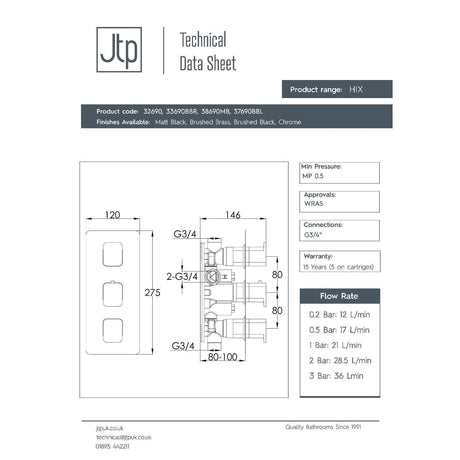JTP Concealed Shower Valve JTP HIX 2 Outlet, 3 Handle Thermostatic Concealed Shower Valve