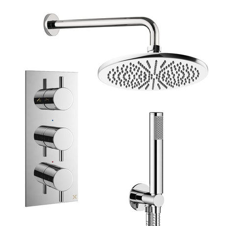 Crosswater Concealed Shower Set Chrome / Wall Arm / 300mm Crosswater Design 3 Handle 2 Outlet Shower Set 7 with Pencil Handset and Rainfall Shower Head
