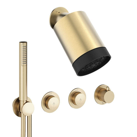 UK Bathroom Store Concealed Shower Set Brushed Brass Crosswater Module Plus Push Shower Set 4 - 2 Outlet with Revive Multifunctional Spotlight Shower Head and Pencil Handset