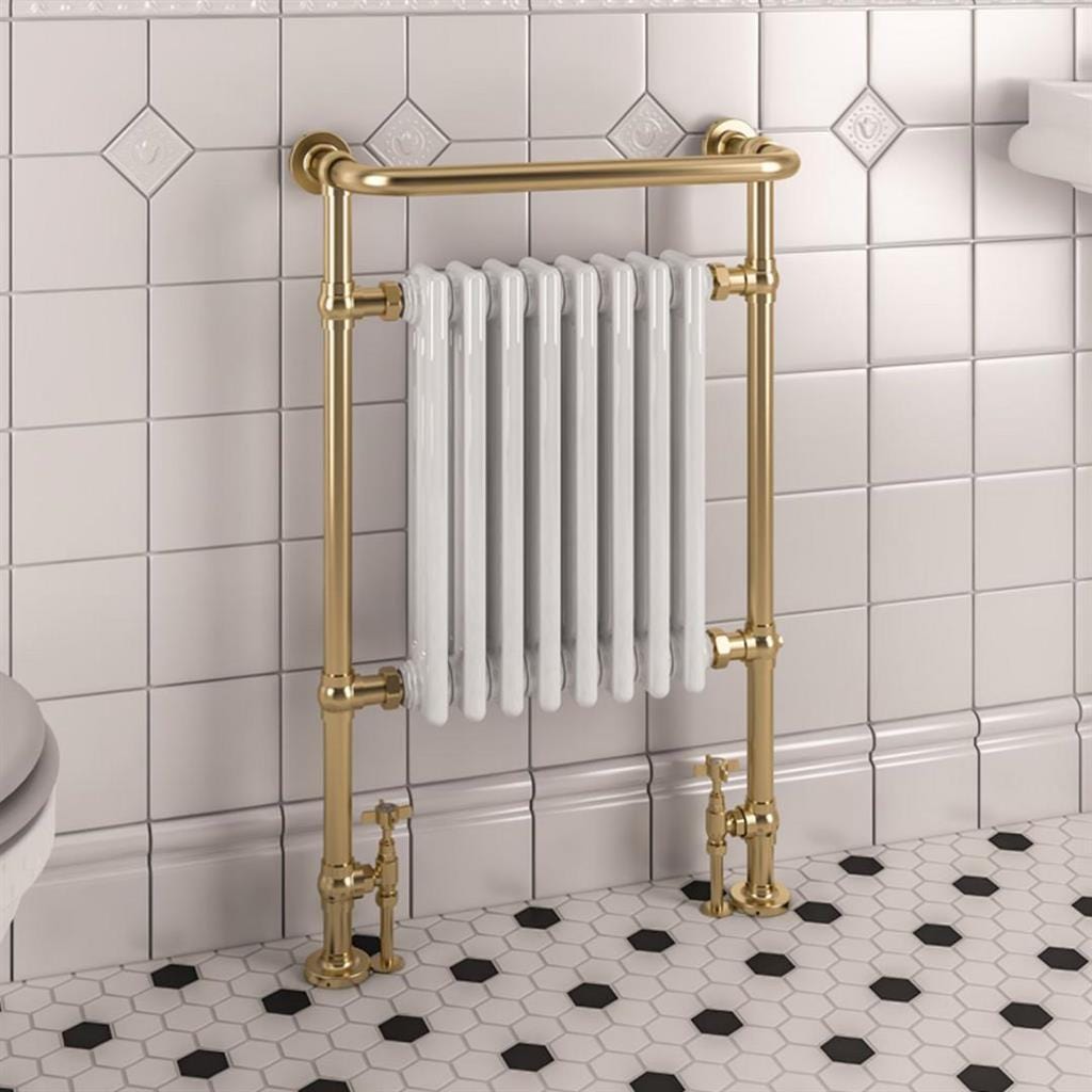 Eastbourne Inset Radiator Electric Only Eastbrook Isbourne Straight Vertical Traditional Radiator in Brushed Brass/Gloss White