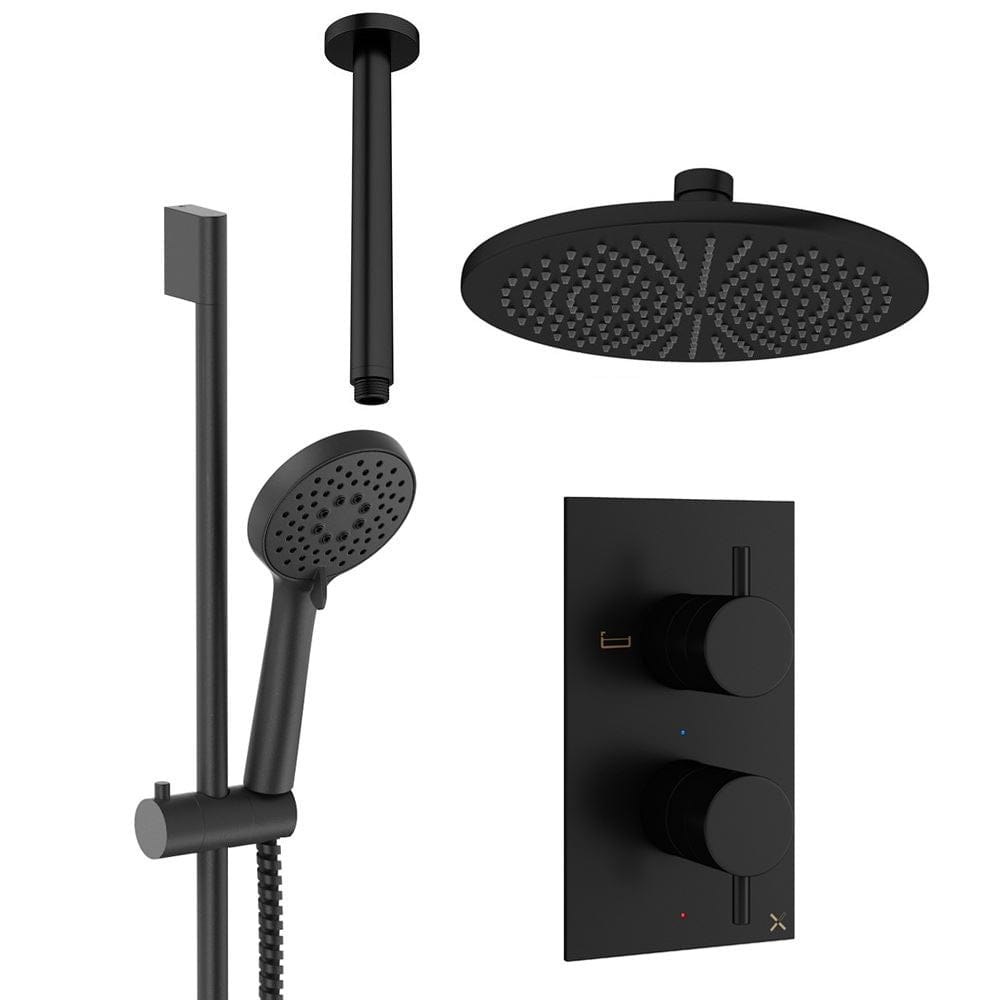 Crosswater Concealed Shower Set Matt Black / Ceiling Arm / 300mm Crosswater Design 2 Handle 2 Outlet Shower Set 4 with Rainfall Head and Slide Rail Kit