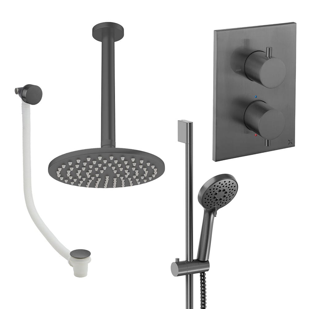 UK Bathroom Store Concealed Shower Set Slate / Ceiling Arm / 200mm Crosswater Crossbox Shower Set 10 - 3 Outlet with Fixed Overhead Shower, Slide Rail Kit and Overflow Bath Filler Waste
