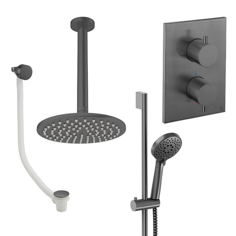 UK Bathroom Store Concealed Shower Set Slate / Ceiling Arm / 200mm Crosswater Crossbox Shower Set 10 - 3 Outlet with Fixed Overhead Shower, Slide Rail Kit and Overflow Bath Filler Waste