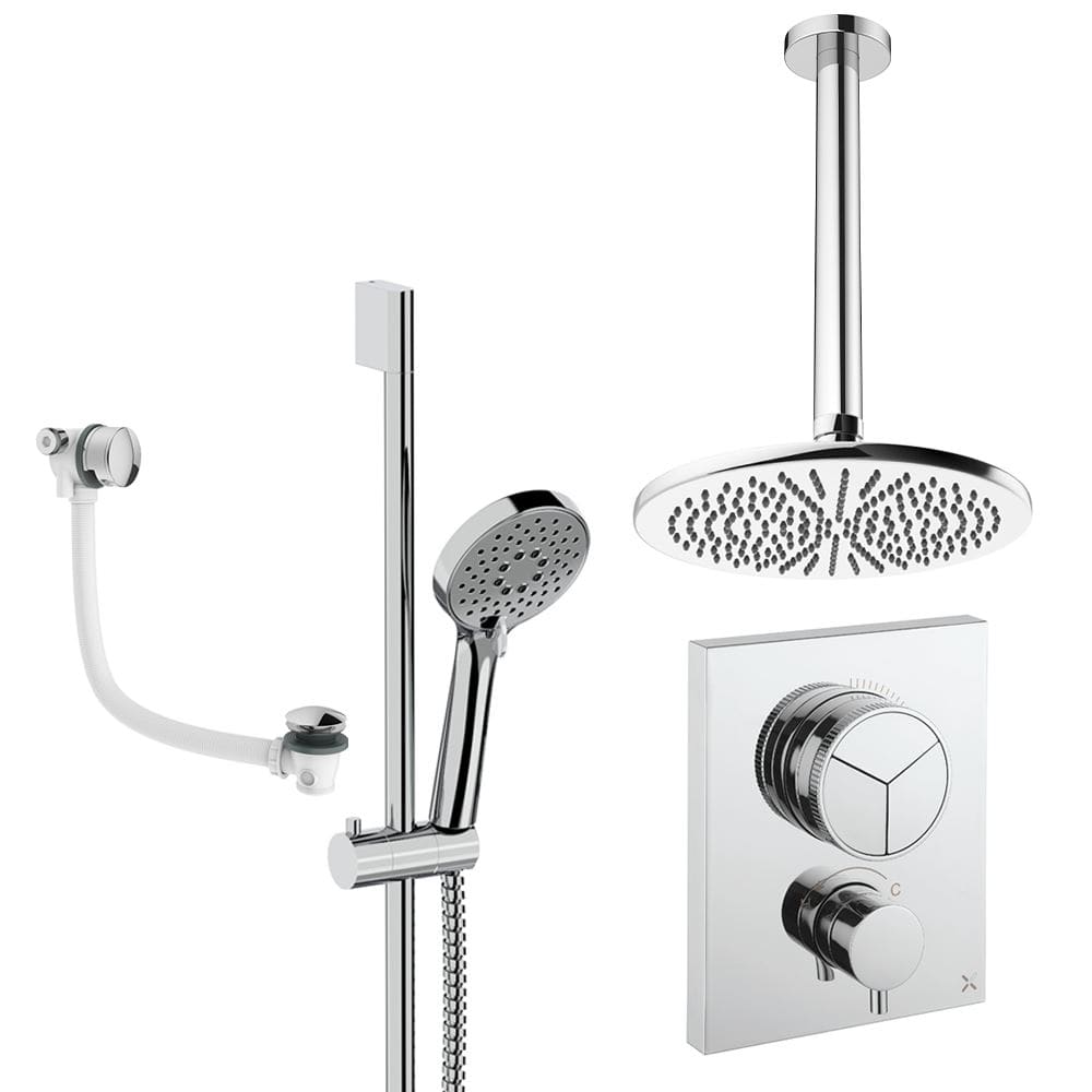 UK Bathroom Store Concealed Shower Set Chrome / Ceiling Arm / 300mm Crosswater Crossbox Push Shower Set 8 - 3 Outlet with Fixed Overhead Shower, Slide Rail Kit and Overflow Bath Filler Waste