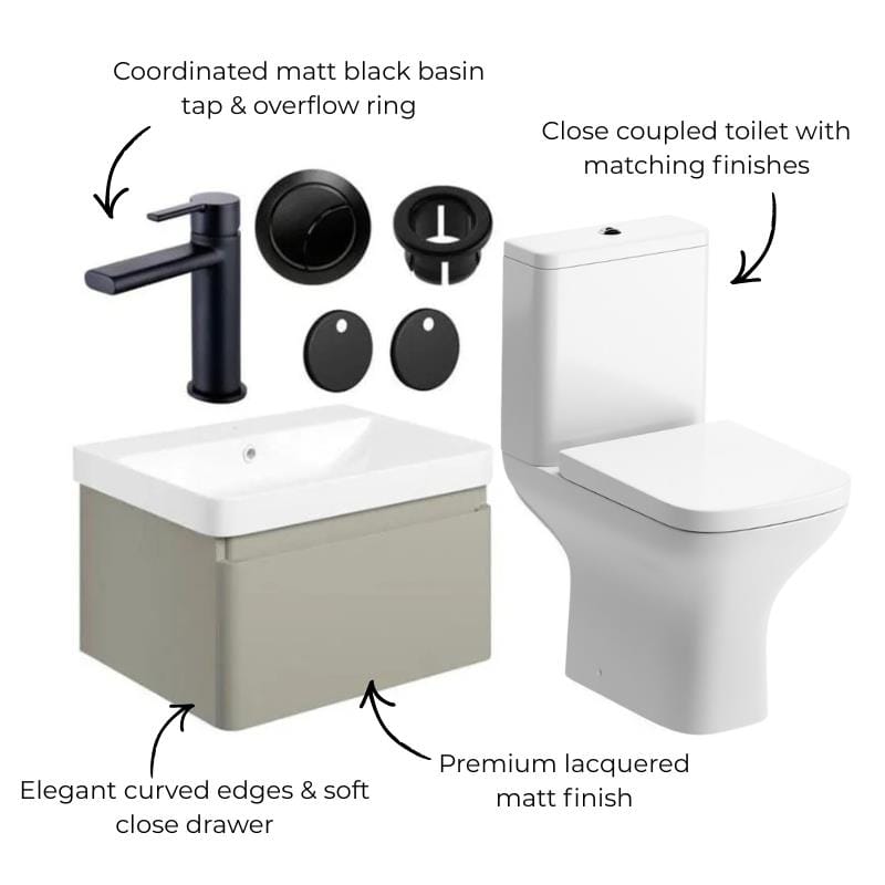 Aquarius Bathrooms Suites Aquarius Sophie 605mm Wall Hung Vanity Unit, Close Coupled Toilet, Tap and Fittings Bundle
