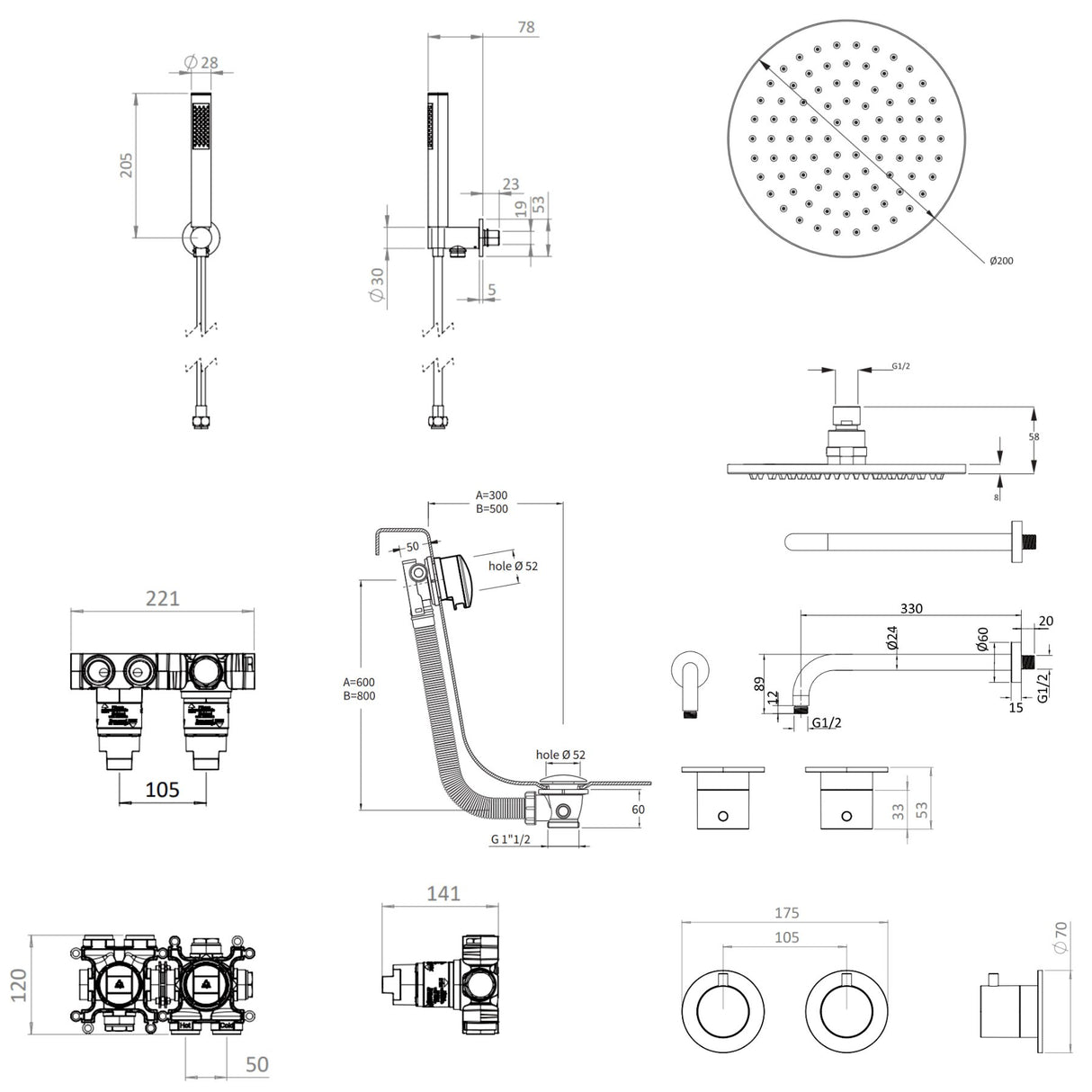 UK Bathroom Store Concealed Shower Set Crosswater Module Shower Set 6 - 3 Outlet with Overhead Shower, Handset and Overflow Bath Filler