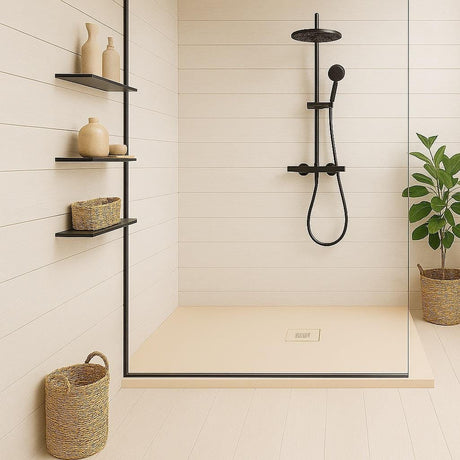 Aquarius Bathrooms Rectangle Shower Tray Aquarius Honiston Mineral Composite Slate Effect Shower Tray in Beige