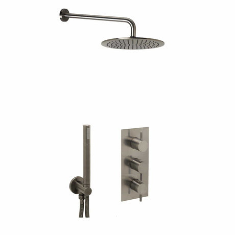 JTP Concealed Shower Set Brushed Black JTP VOS Thermostatic Concealed Dual Outlet, 3 Handle Shower Kit with Showerhead and Headset