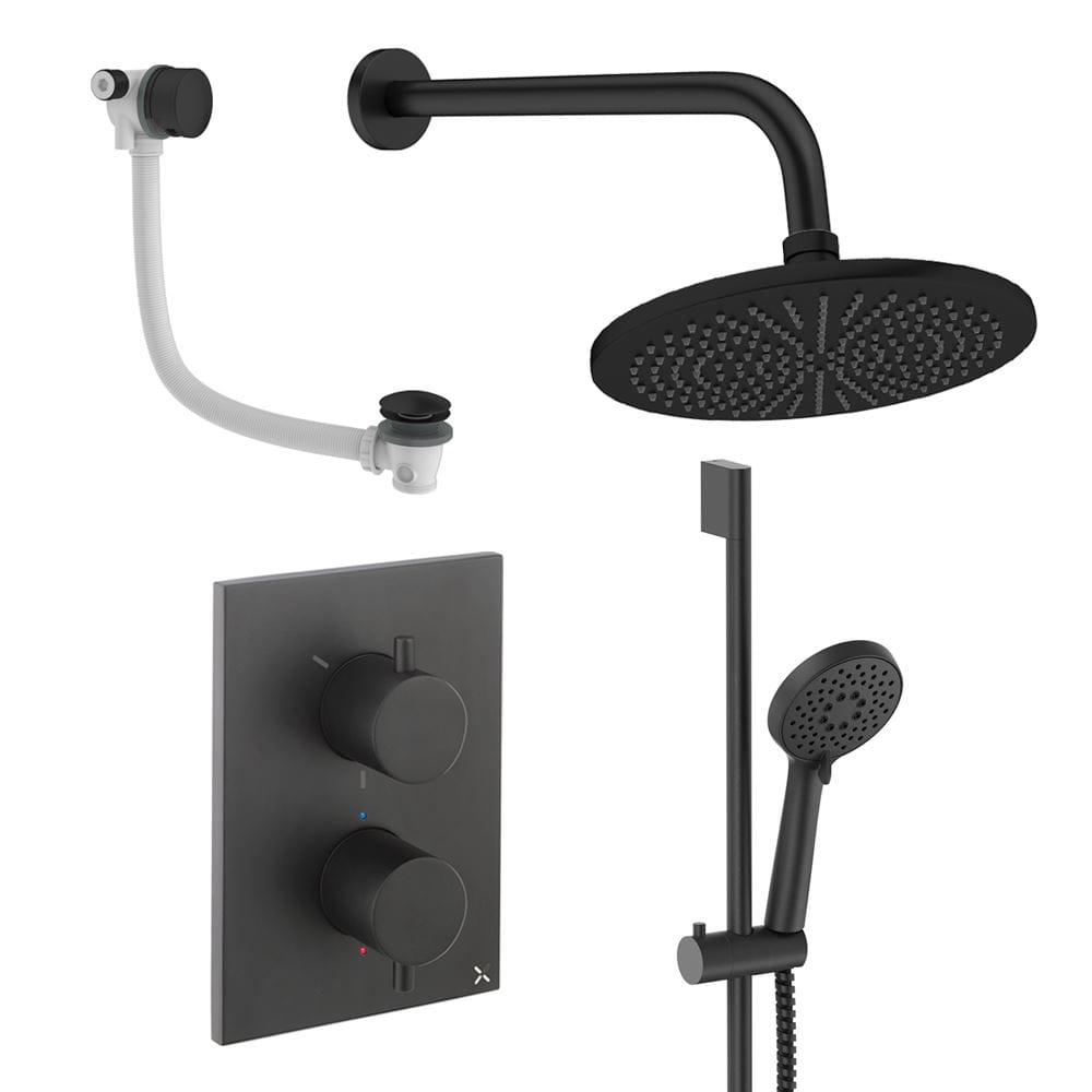 UK Bathroom Store Concealed Shower Set Matt Black / Wall Arm / 300mm Crosswater Crossbox Shower Set 10 - 3 Outlet with Fixed Overhead Shower, Slide Rail Kit and Overflow Bath Filler Waste