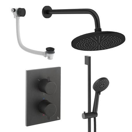 UK Bathroom Store Concealed Shower Set Matt Black / Wall Arm / 300mm Crosswater Crossbox Shower Set 10 - 3 Outlet with Fixed Overhead Shower, Slide Rail Kit and Overflow Bath Filler Waste