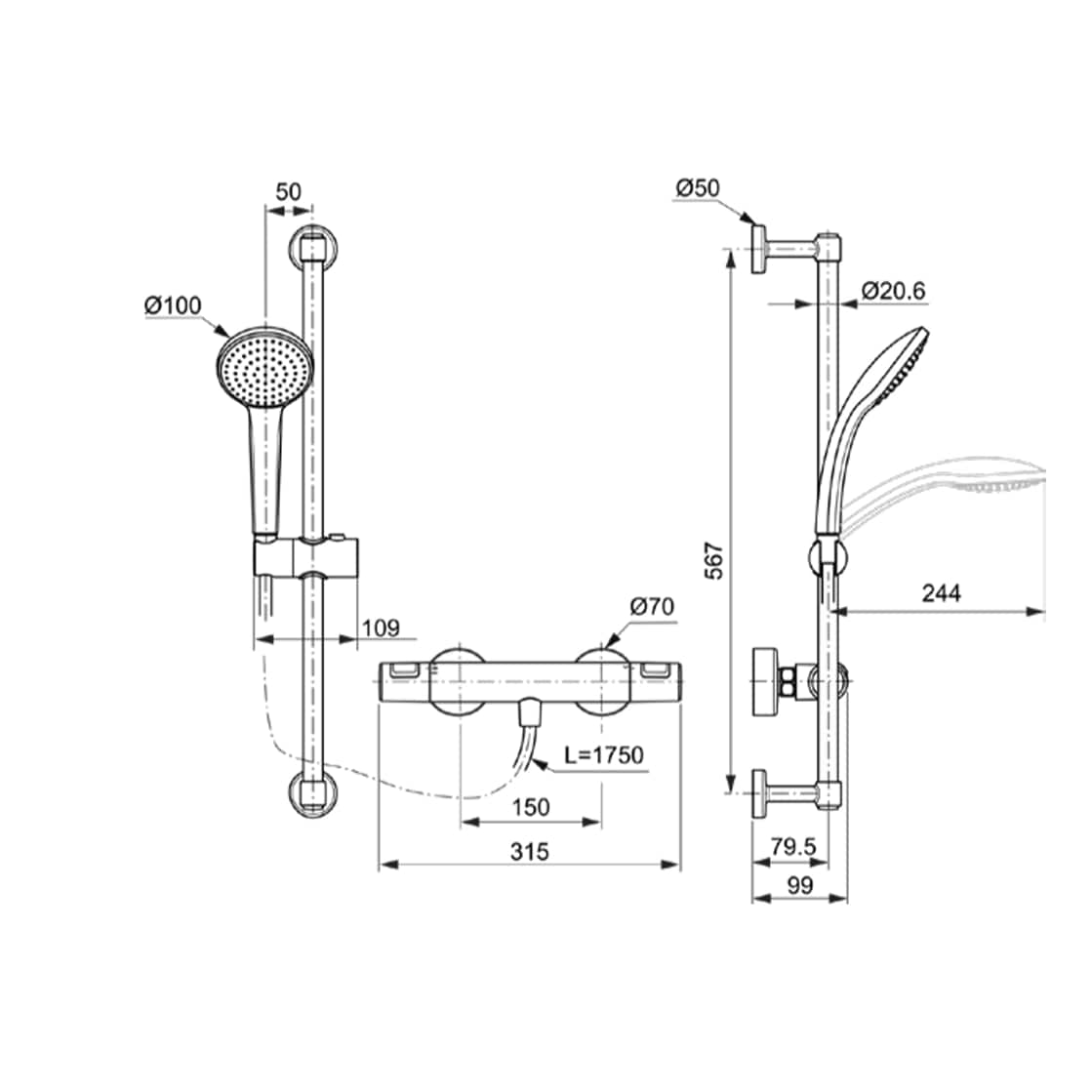 Ideal Standard Exposed Shower Set Ideal Standard Ceratherm T25 Exposed Thermostatic Shower Valve Set with 600mm Adjustable Riser and Handset in Black