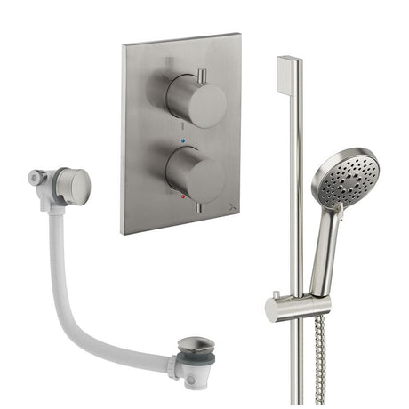 UK Bathroom Store Concealed Shower Set Brushed Nickel Crosswater Crossbox Shower Set 6 - 2 Outlet with Riser Rail Kit and Overflow Bath Filler Waste