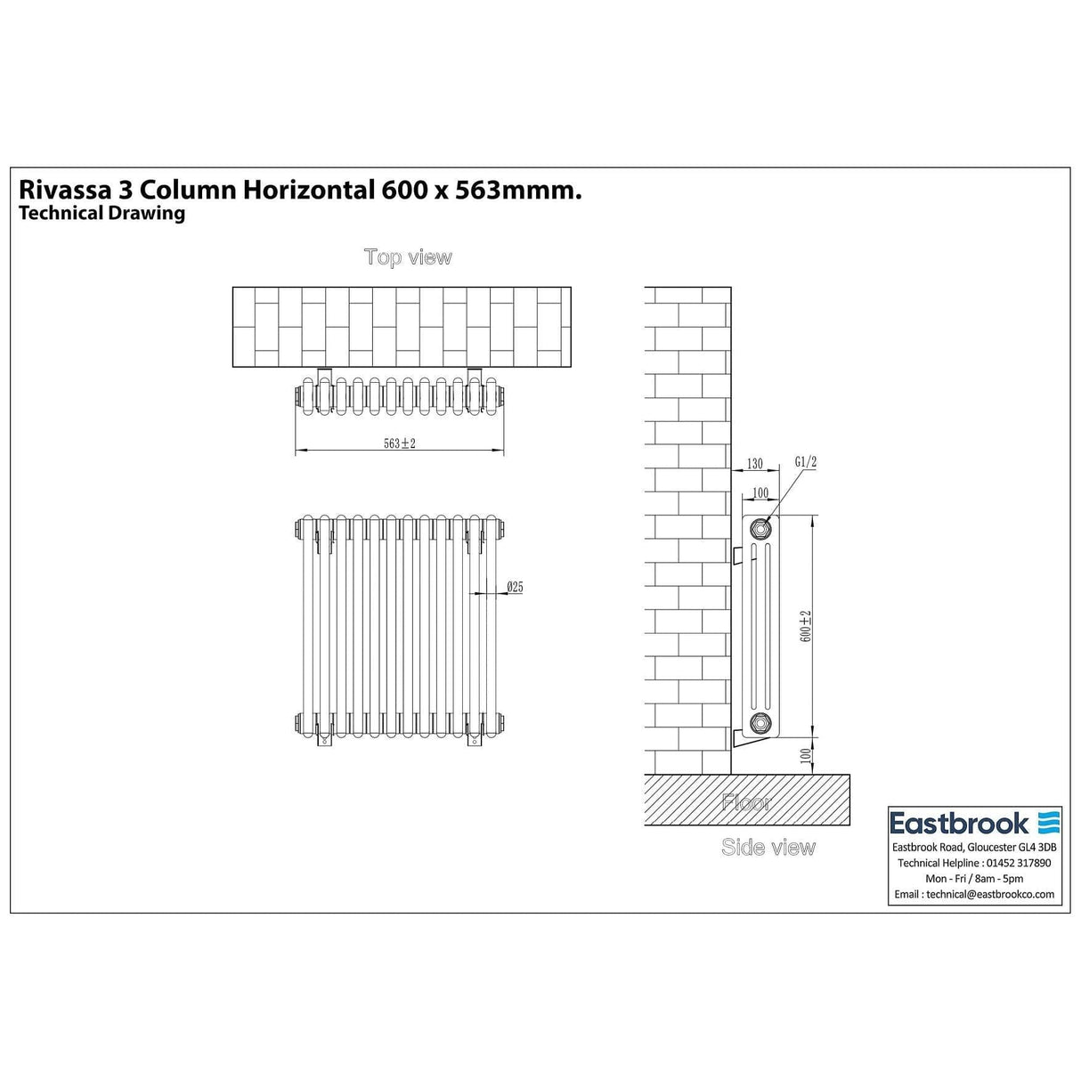 Eastbrook Column Radiator Eastbrook Rivassa Vertical 3 Column Radiator - 600 x 563mm - Matt Anthracite