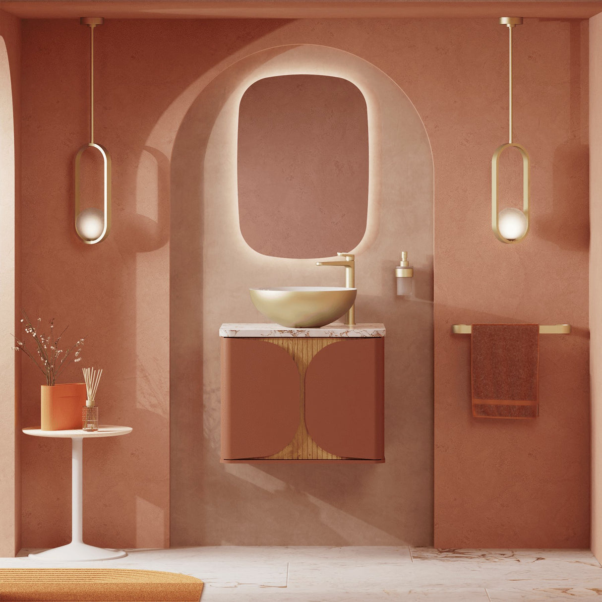 Crosswater Wall Mounted Vanity Unit Soft Clay / Crosswater Tambour Worktop - Gold Vein Estatuario Crosswater Tambour Wall Mounted 600mm One Drawer Vanity Unit with Basin or Worktop