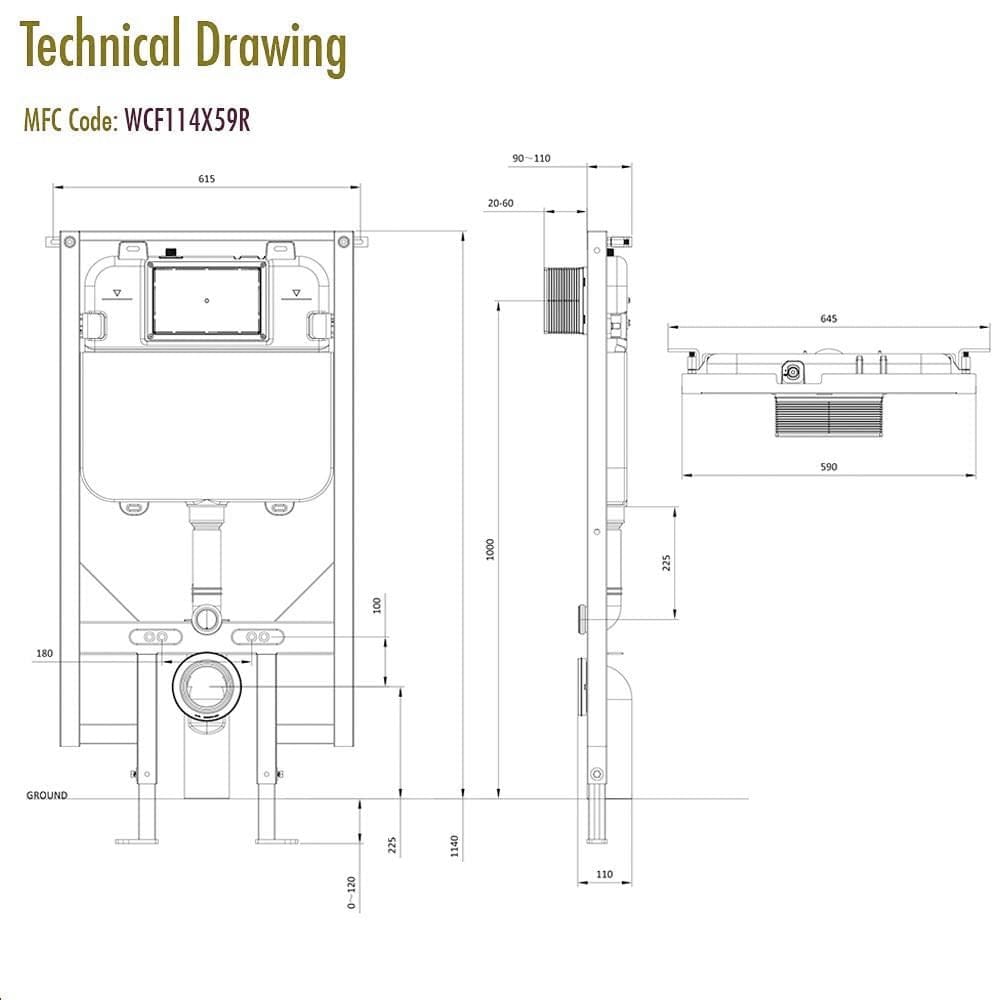 Crosswater Wall Hung WC Frame Crosswater 1.14m Ultra Slim Depth Dual Flush WC Support Frame Set with Flush Plate