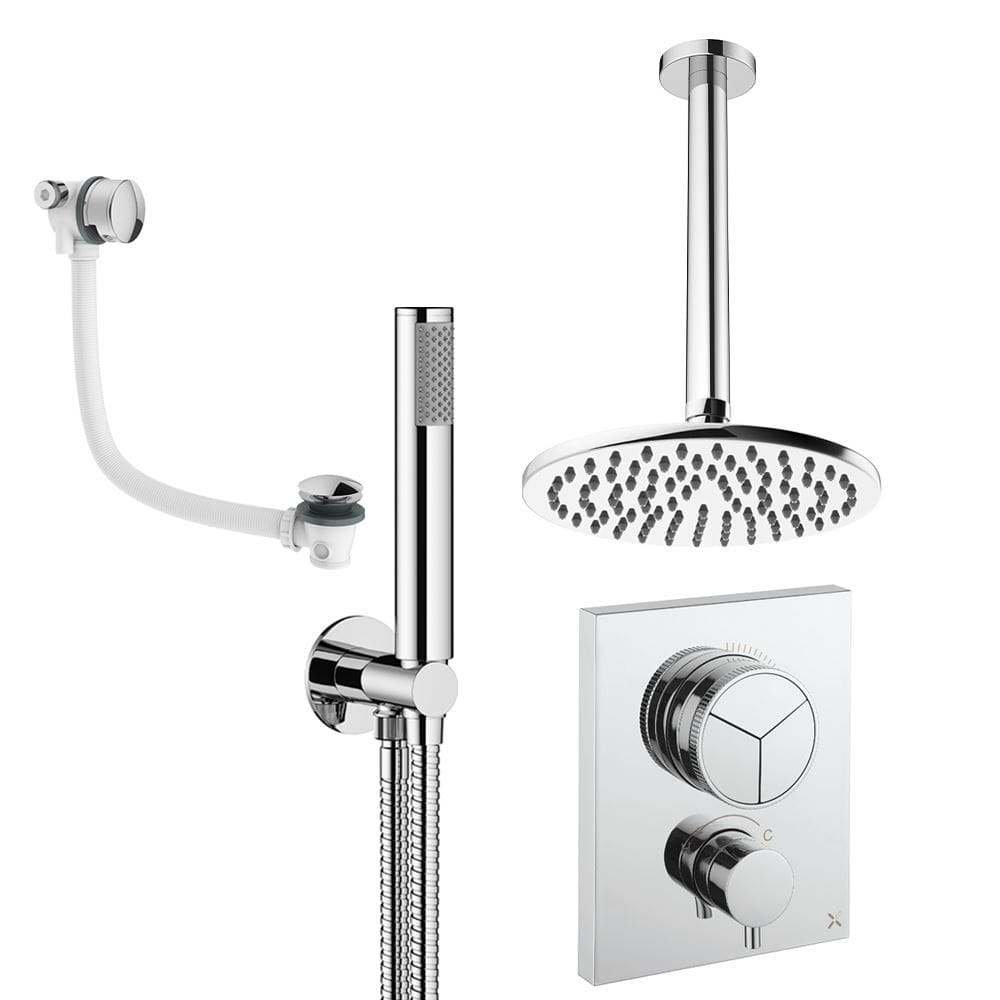 UK Bathroom Store Concealed Shower Set Chrome / Ceiling Arm / 200mm Crosswater Crossbox Push Shower Set 7 - 3 Outlet with Fixed Overhead Shower, Pencil Handset and Overflow Bath Filler Waste