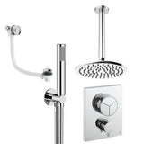 UK Bathroom Store Concealed Shower Set Chrome / Ceiling Arm / 200mm Crosswater Crossbox Push Shower Set 7 - 3 Outlet with Fixed Overhead Shower, Pencil Handset and Overflow Bath Filler Waste