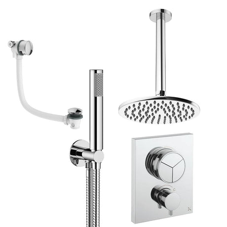 UK Bathroom Store Concealed Shower Set Chrome / Ceiling Arm / 200mm Crosswater Crossbox Push Shower Set 7 - 3 Outlet with Fixed Overhead Shower, Pencil Handset and Overflow Bath Filler Waste