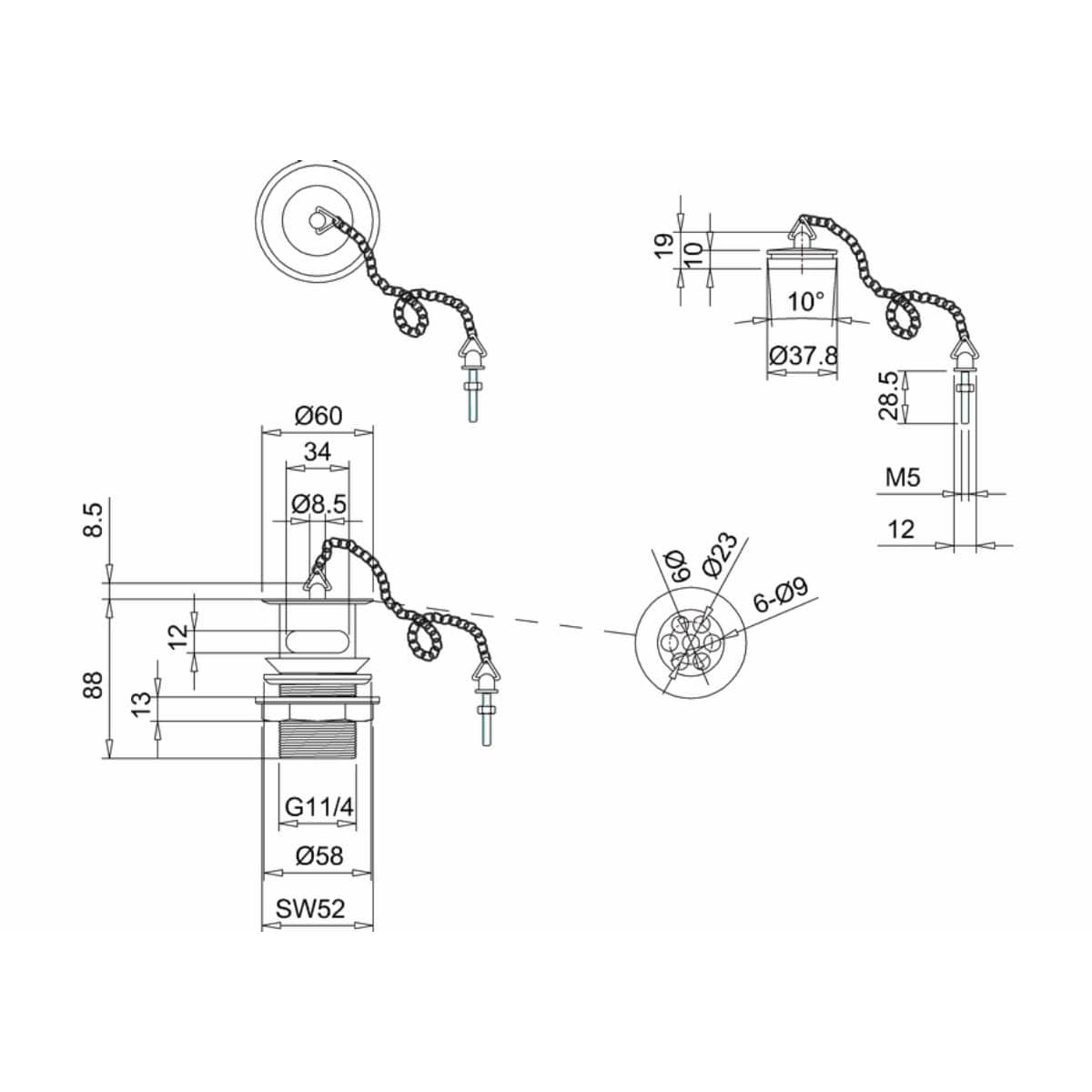 Burlington Basin Waste Burlington Traditional Basin Plug and Chain Slotted Waste in Nickel - W1 NKL