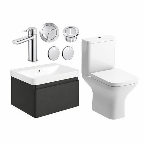 Aquarius Bathrooms Suites Matt Black / Chrome Aquarius Sophie 605mm Wall Hung Vanity Unit, Close Coupled Toilet, Tap and Fittings Bundle