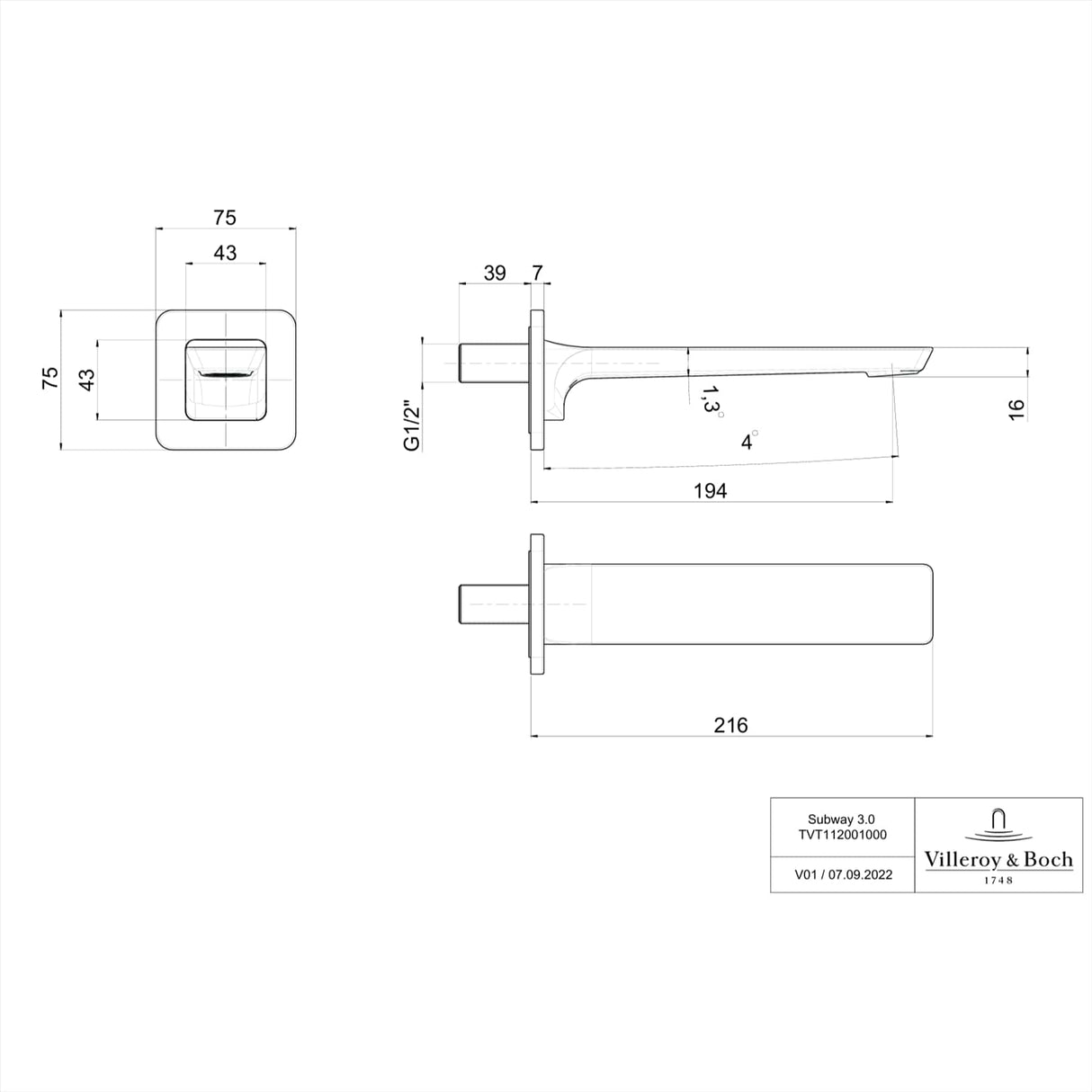 Villeroy & Boch Bath Spout Villeroy & Boch Subway 3.0 Wall Mounted Bath Spout Tap