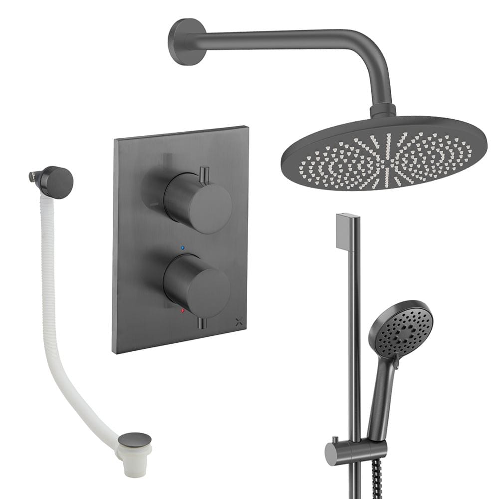 UK Bathroom Store Concealed Shower Set Slate / Wall Arm / 300mm Crosswater Crossbox Shower Set 10 - 3 Outlet with Fixed Overhead Shower, Slide Rail Kit and Overflow Bath Filler Waste