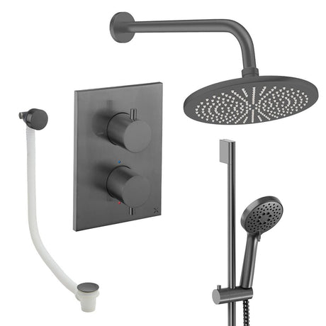 UK Bathroom Store Concealed Shower Set Slate / Wall Arm / 300mm Crosswater Crossbox Shower Set 10 - 3 Outlet with Fixed Overhead Shower, Slide Rail Kit and Overflow Bath Filler Waste