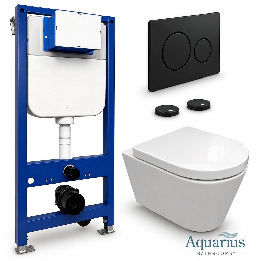 Aquarius Bathrooms Wall Hung Toilet Matt Black / Round Aquarius Urbano Rimless Wall Hung Toilet Pack with Frame, Flush Plate, Soft Closing Seat and Hinge Covers