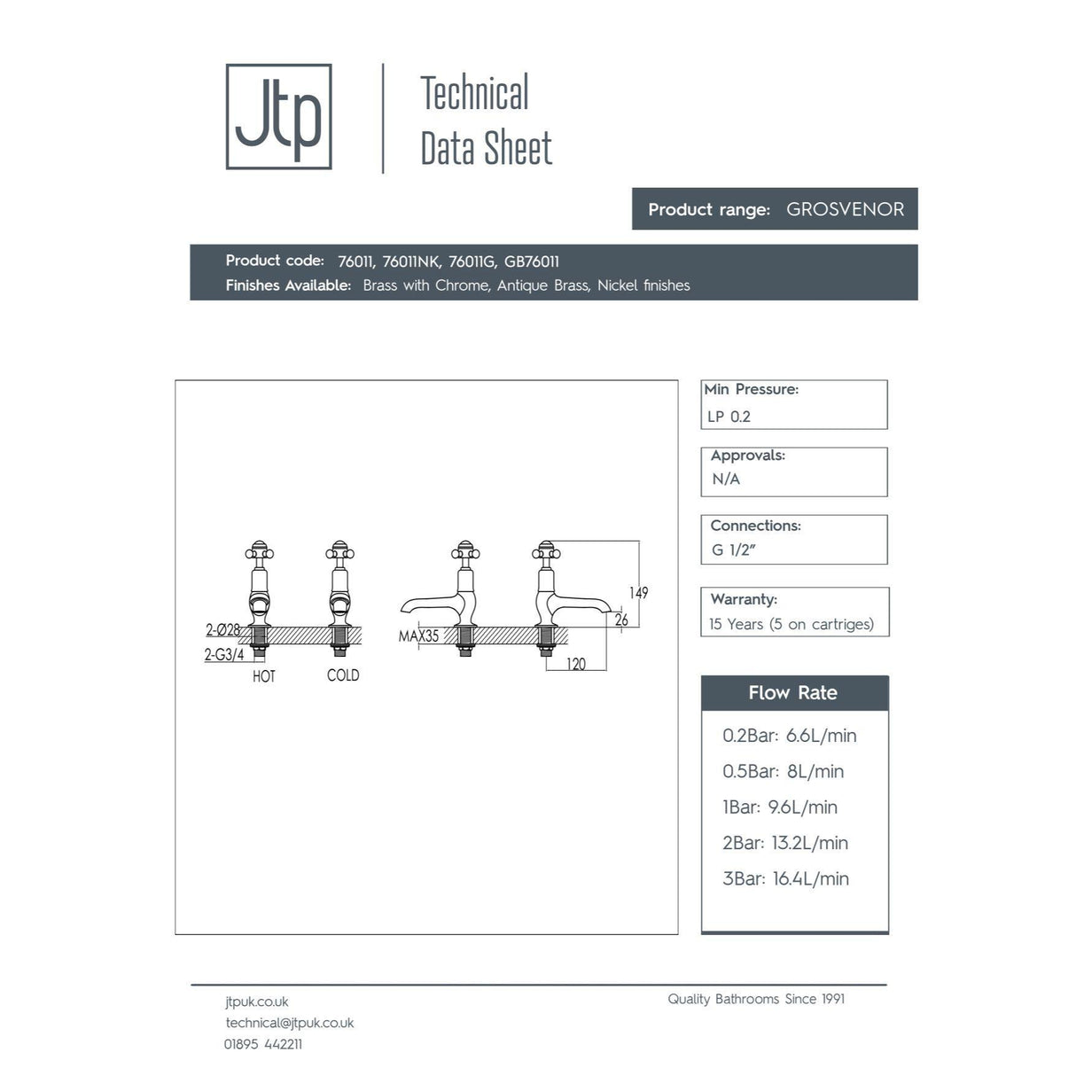 JTP Grosvenor Cross Long Nose Basin Pillar Taps (Pair)