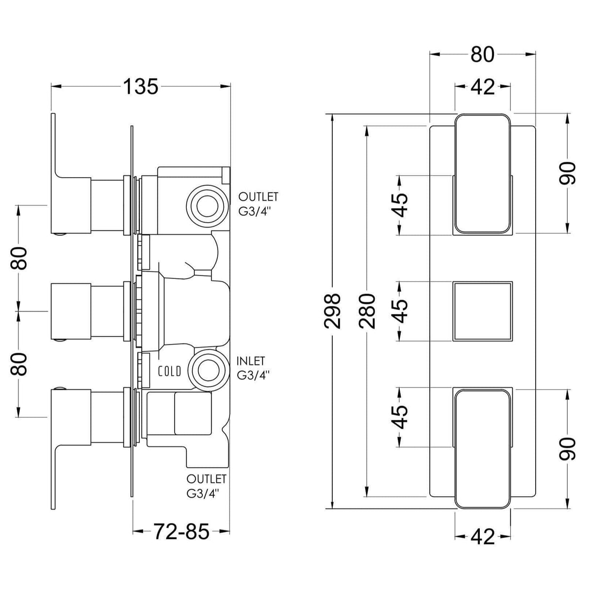 Aquarius Bathrooms Concealed Shower Valve Aquarius Tetra 3-Outlet Triple Handle Thermostatic Concealed Valve with Diverter