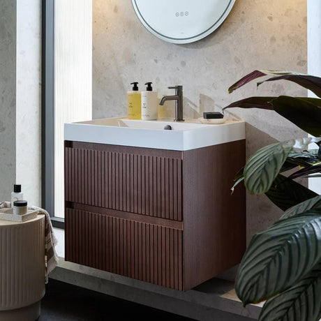 Vado Wall Mounted Vanity Unit Classic Walnut / 600mm Vado Groove Fluted Wall Mounted Two Drawer Vanity Unit with Basin