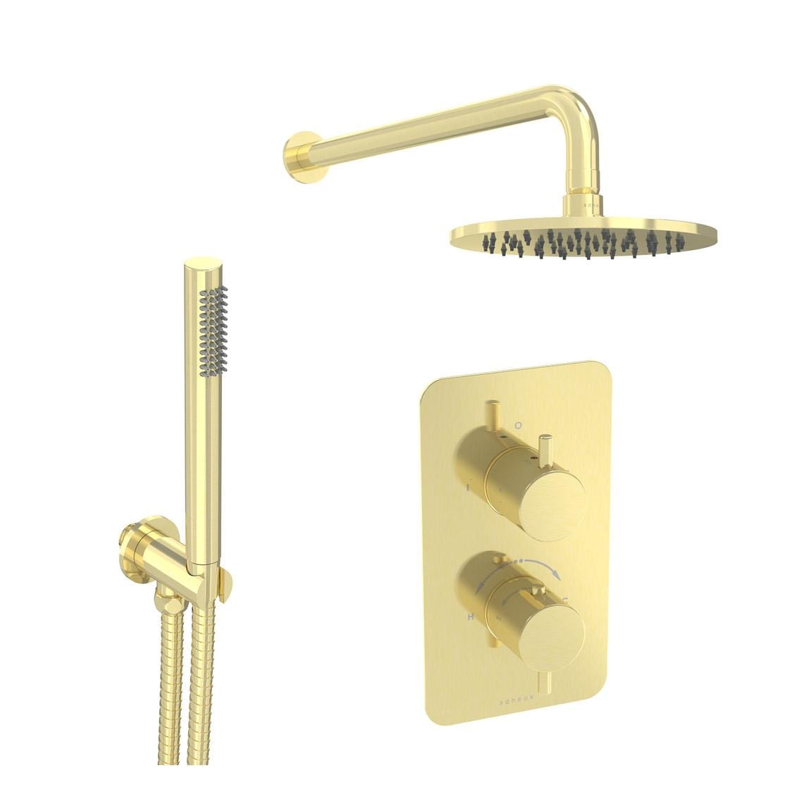 Saneux Concealed Shower Set Brushed Brass Saneux COS 2 Outlet, 2 Handle Concealed Shower Valve Kit with Pencil Handset and 200mm Shower Head